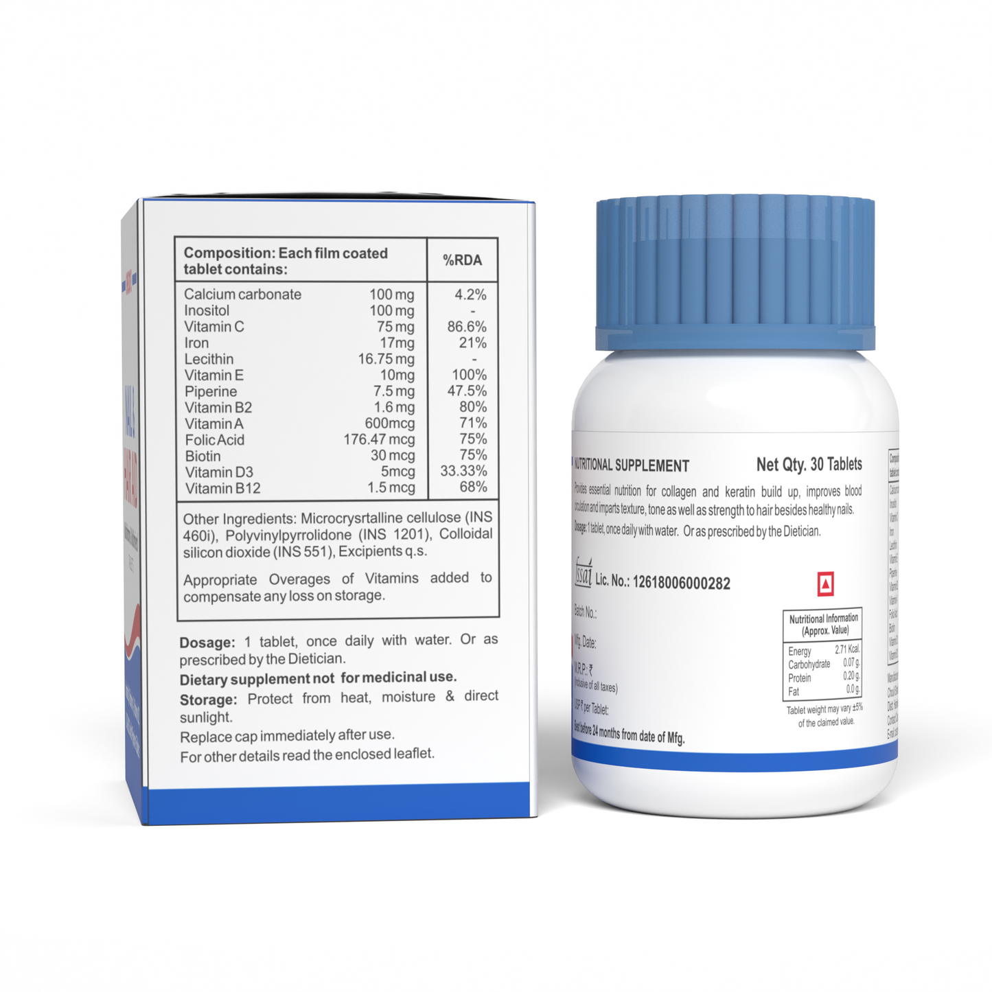 Supplement bottle with label and nutritional information on a white background
