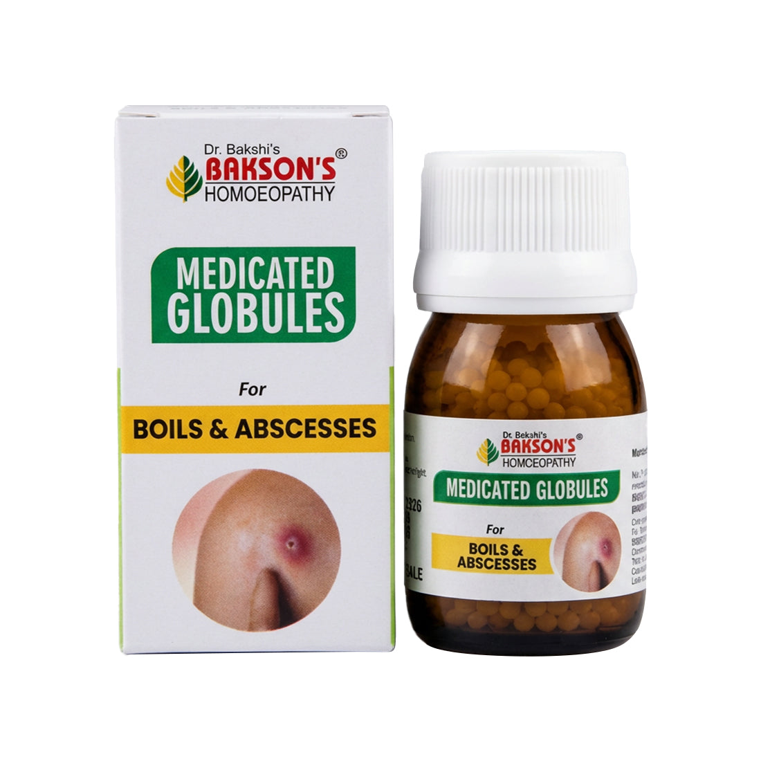Dr. Bahson's Medicated Globules for boils and abscesses packaging and bottle on a white background