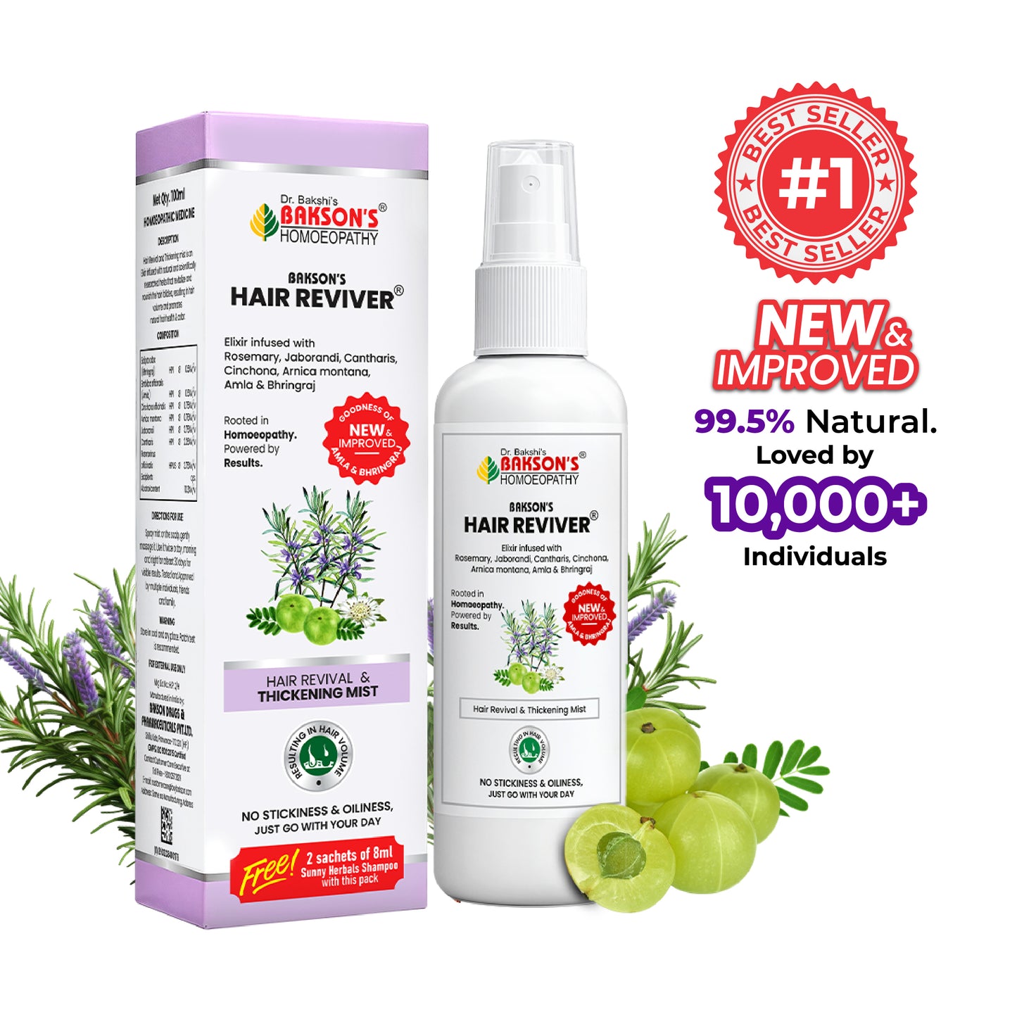 Dr. Bakson's Hair Reviver product with packaging and natural ingredients on a white background