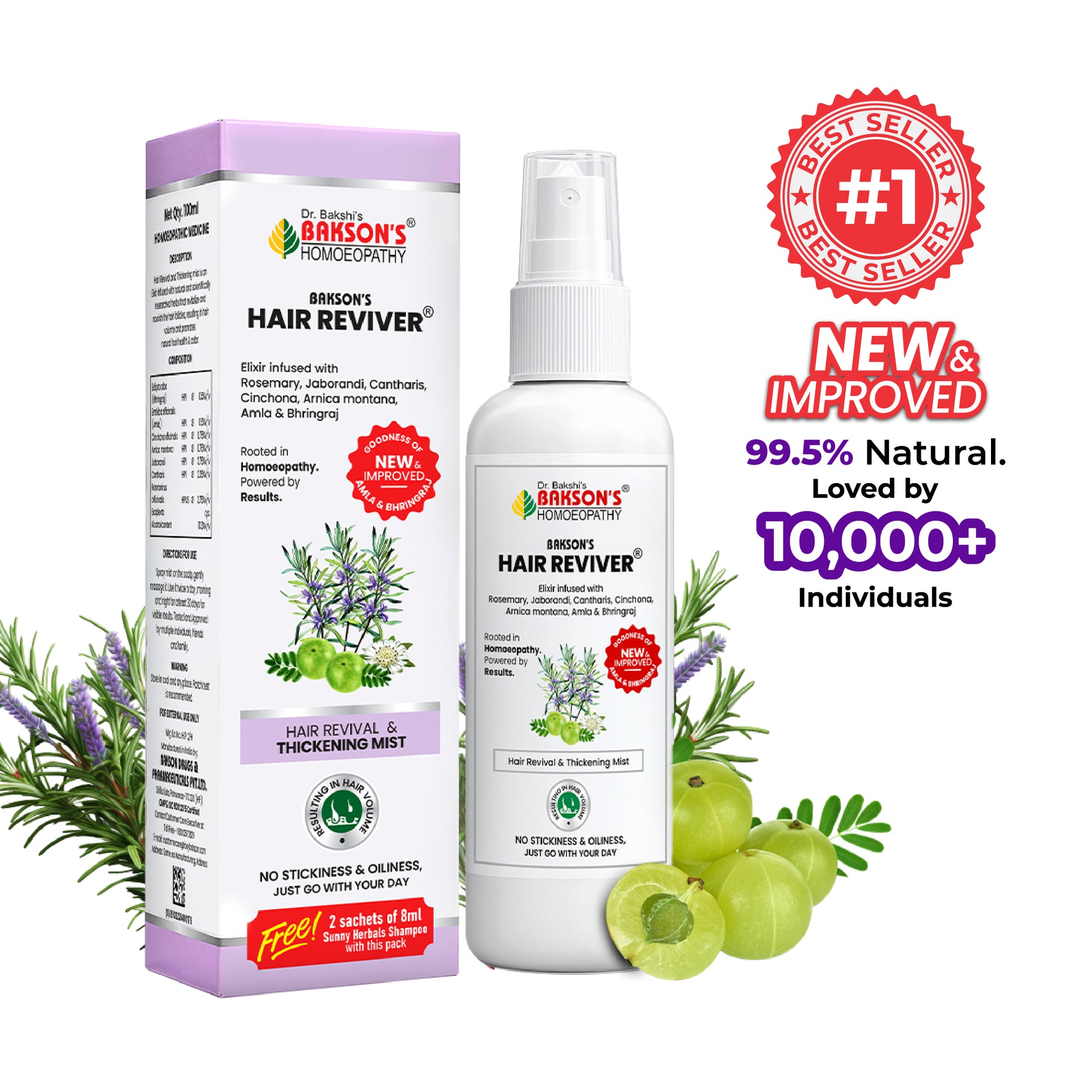 Dr. Bakson's Hair Reviver product with packaging and natural ingredients on a white background
