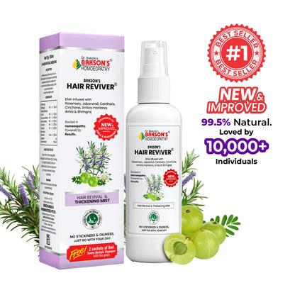 Dr. Bakson's Hair Reviver product with packaging and natural ingredients on a white background