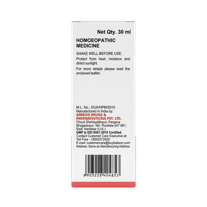 Back label of a 30 ml homoeopathic medicine bottle with text and barcode on a white background