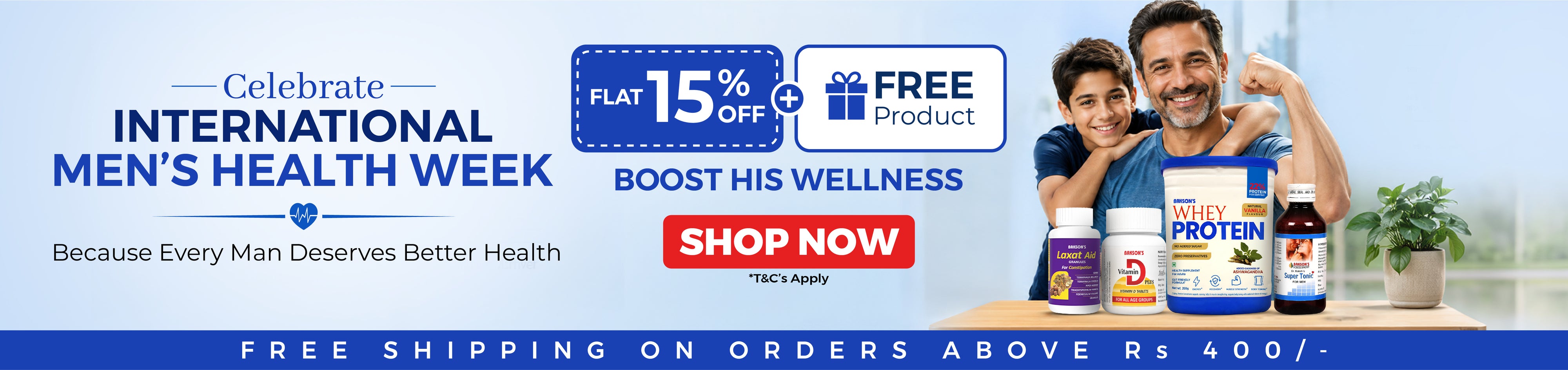 Promotional banner for International Men's Health Week with a man and child holding protein products.