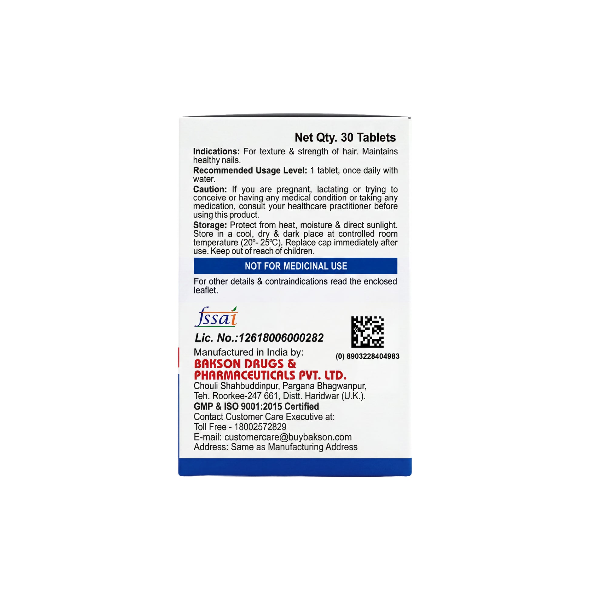 Back of a supplement or medication container with text and branding on a white background